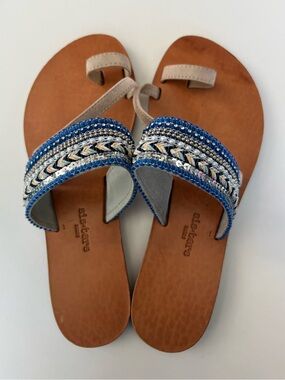 LIKE NEW: Handmade in Greece - Blue Embellished Leather Slide Sandals